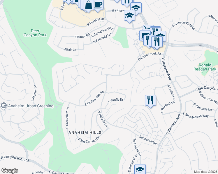 map of restaurants, bars, coffee shops, grocery stores, and more near 837 South Lee Marie Circle in Anaheim