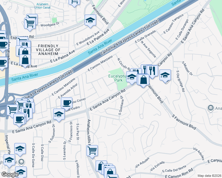 map of restaurants, bars, coffee shops, grocery stores, and more near 6179 East Paseo Rio Verde in Anaheim
