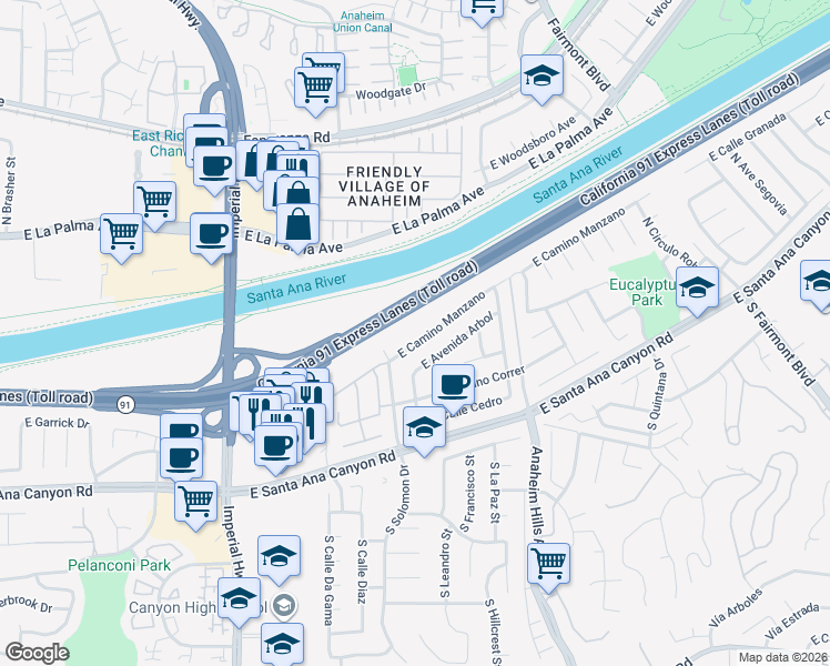 map of restaurants, bars, coffee shops, grocery stores, and more near 5937 East Camino Manzano in Anaheim