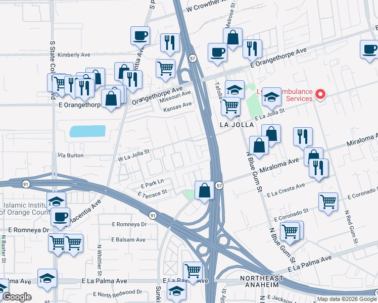 map of restaurants, bars, coffee shops, grocery stores, and more near 1020 Avenue De Pio Pico in Placentia