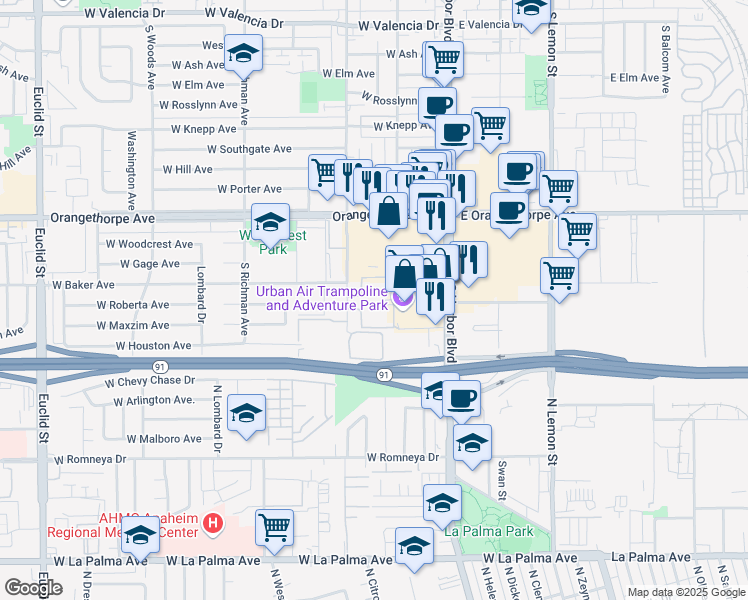 map of restaurants, bars, coffee shops, grocery stores, and more near 1438 South Highland Avenue in Fullerton