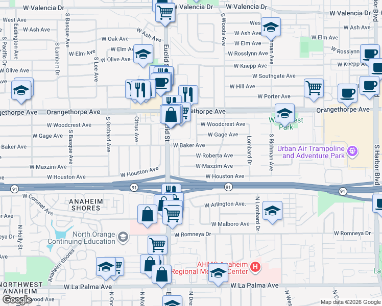 map of restaurants, bars, coffee shops, grocery stores, and more near 831 West Roberta Avenue in Fullerton