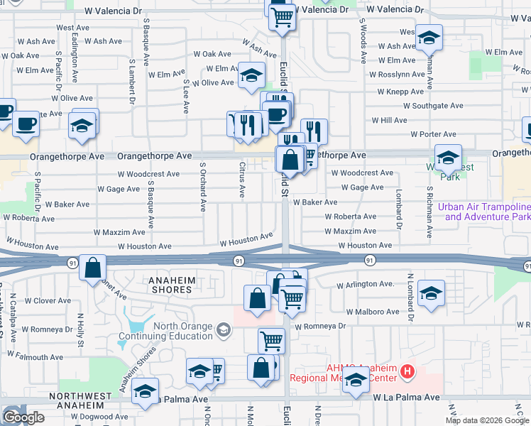 map of restaurants, bars, coffee shops, grocery stores, and more near 1431 South Orange Avenue in Fullerton