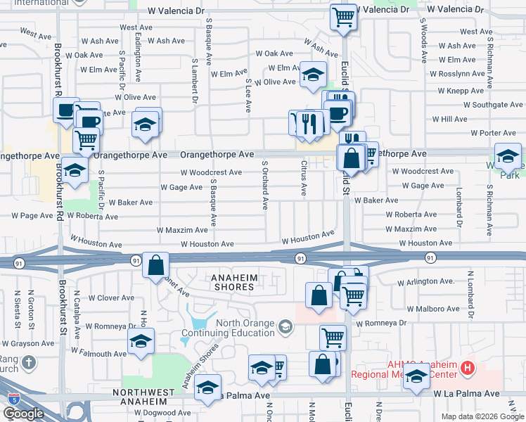 map of restaurants, bars, coffee shops, grocery stores, and more near 1438 South Orchard Avenue in Fullerton