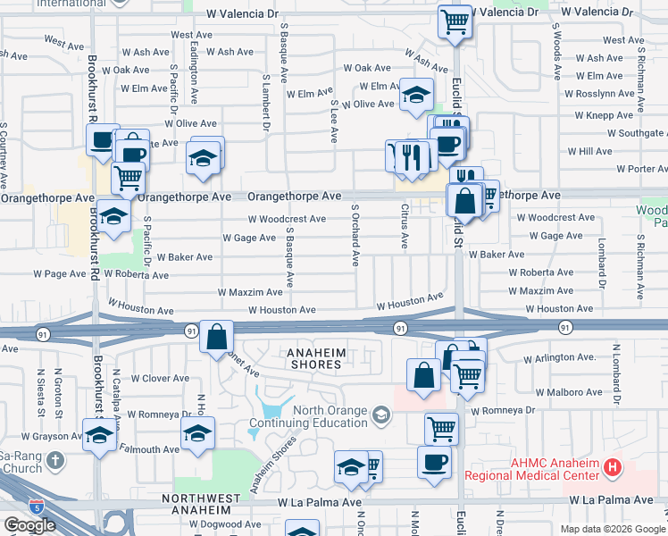 map of restaurants, bars, coffee shops, grocery stores, and more near 1307 West Roberta Avenue in Fullerton