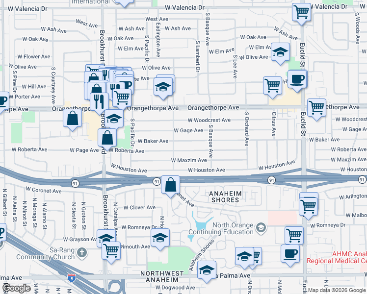 map of restaurants, bars, coffee shops, grocery stores, and more near 1473 West Roberta Avenue in Fullerton