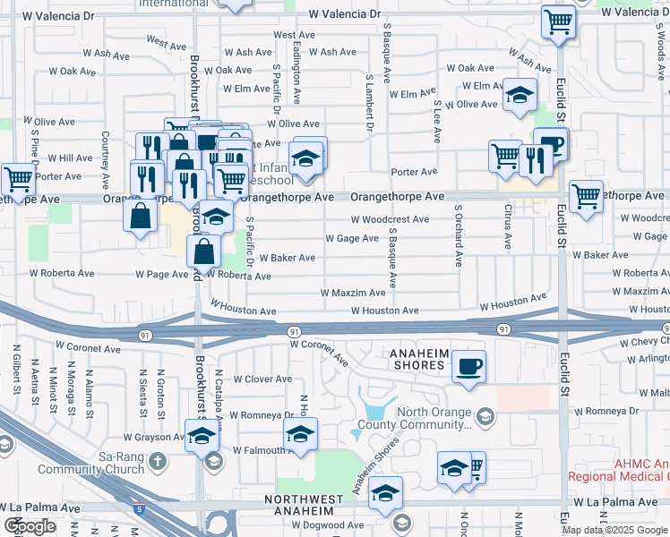 map of restaurants, bars, coffee shops, grocery stores, and more near 1473 West Roberta Avenue in Fullerton