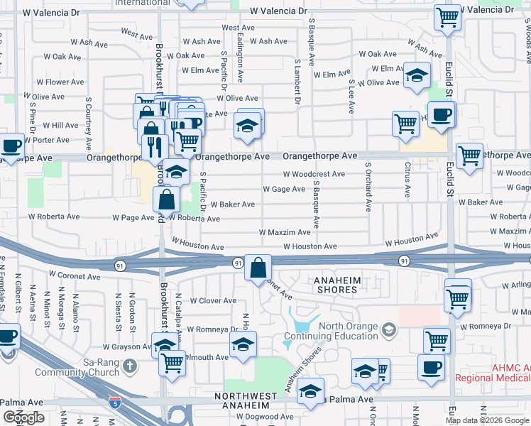 map of restaurants, bars, coffee shops, grocery stores, and more near 1473 West Roberta Avenue in Fullerton