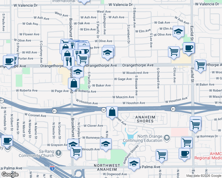 map of restaurants, bars, coffee shops, grocery stores, and more near 1512 West Baker Avenue in Fullerton