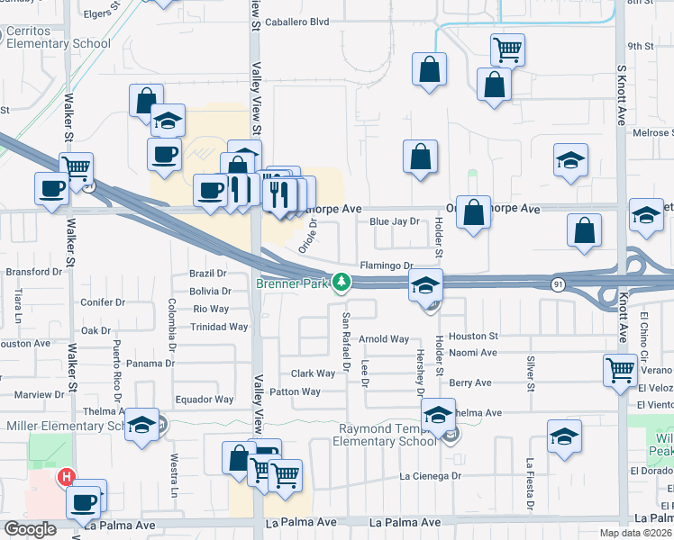map of restaurants, bars, coffee shops, grocery stores, and more near 6254 Flamingo Drive in Buena Park