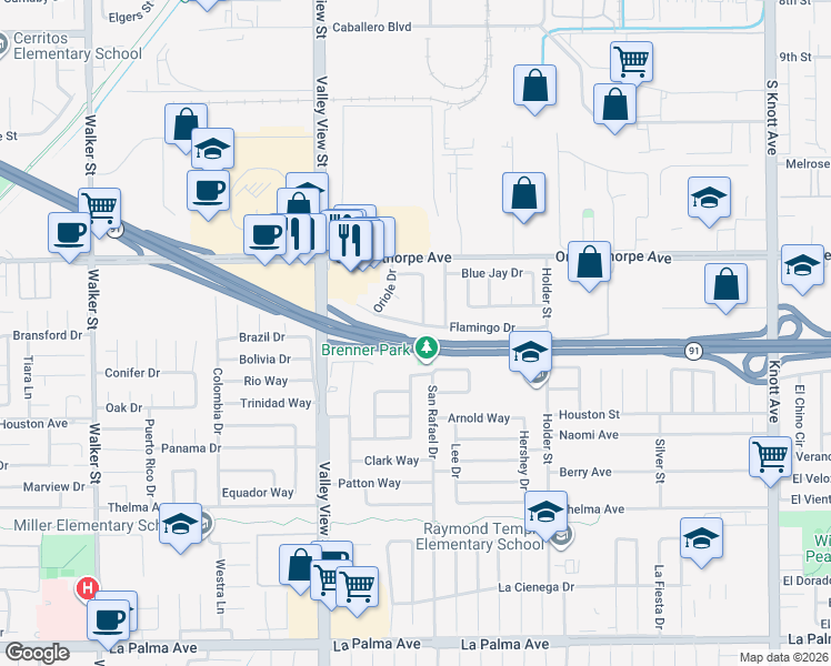 map of restaurants, bars, coffee shops, grocery stores, and more near 6254 Flamingo Drive in Buena Park