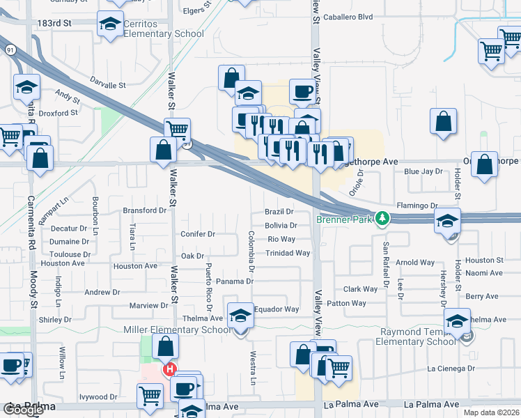 map of restaurants, bars, coffee shops, grocery stores, and more near 7341 Argentina Circle in Buena Park