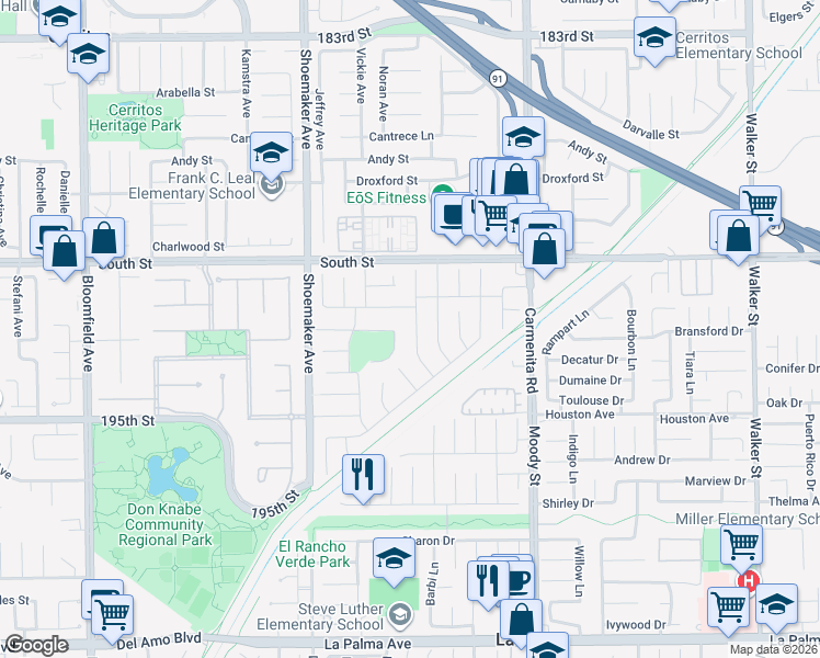 map of restaurants, bars, coffee shops, grocery stores, and more near 13141 Espinheira Drive in Cerritos