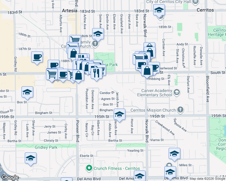 map of restaurants, bars, coffee shops, grocery stores, and more near 11973 Candor Street in Cerritos