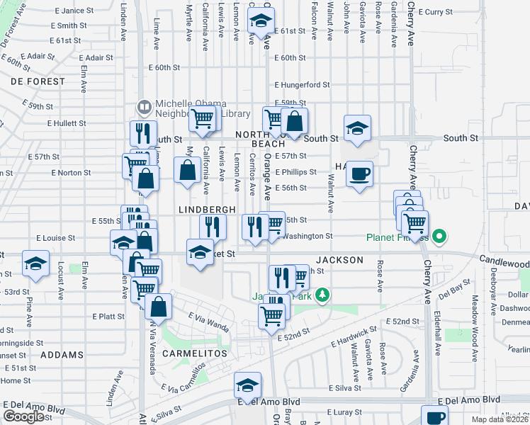 map of restaurants, bars, coffee shops, grocery stores, and more near 5513 Orange Avenue in Long Beach