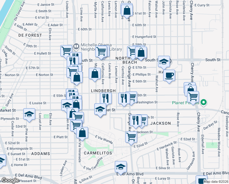map of restaurants, bars, coffee shops, grocery stores, and more near 5510 Lemon Avenue in Long Beach