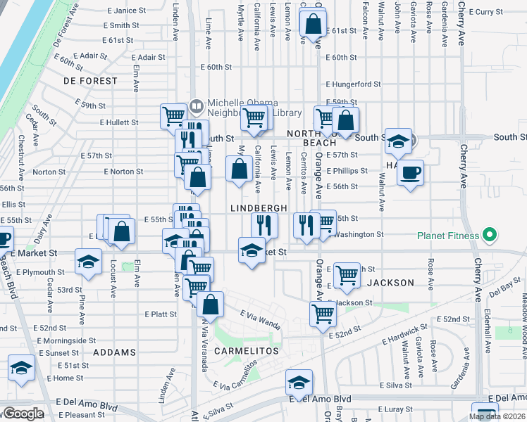 map of restaurants, bars, coffee shops, grocery stores, and more near in Long Beach