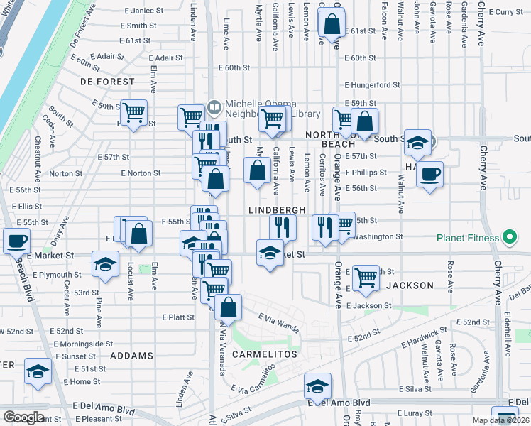 map of restaurants, bars, coffee shops, grocery stores, and more near 5508 Myrtle Avenue in Long Beach