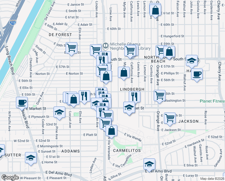 map of restaurants, bars, coffee shops, grocery stores, and more near 725 East 55th Street in Long Beach
