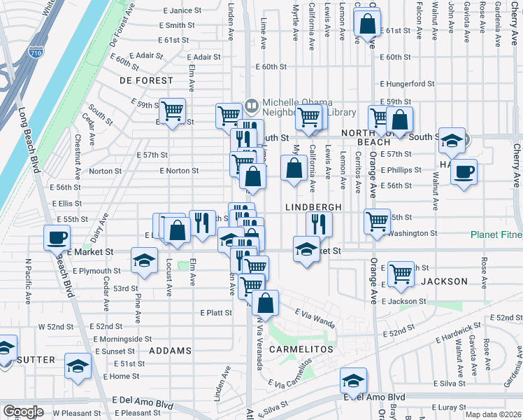 map of restaurants, bars, coffee shops, grocery stores, and more near 725 East 55th Street in Long Beach