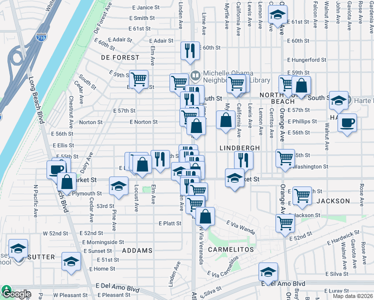 map of restaurants, bars, coffee shops, grocery stores, and more near 5507 Atlantic Avenue in Long Beach