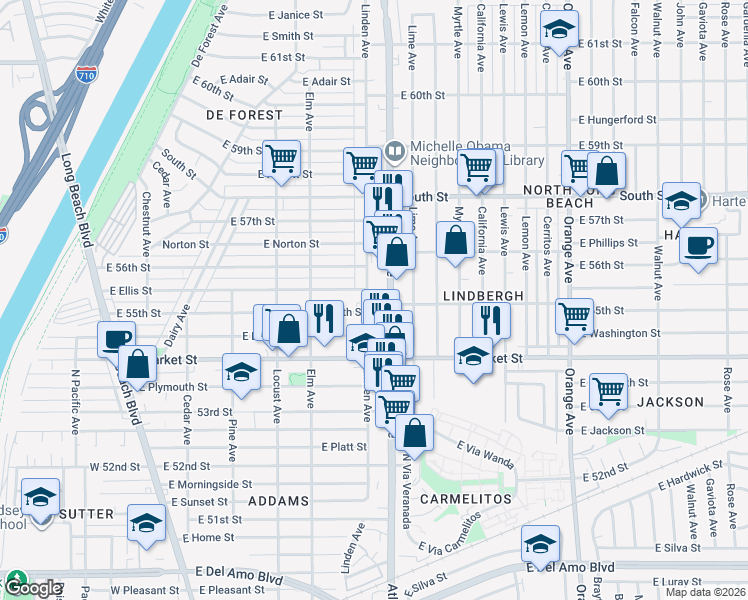 map of restaurants, bars, coffee shops, grocery stores, and more near 5507 Atlantic Avenue in Long Beach