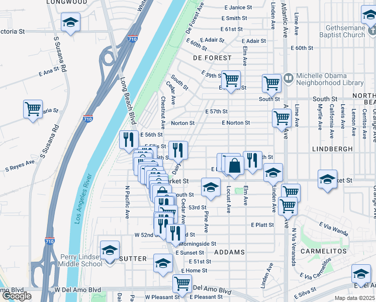 map of restaurants, bars, coffee shops, grocery stores, and more near 5529 Dairy Avenue in Long Beach