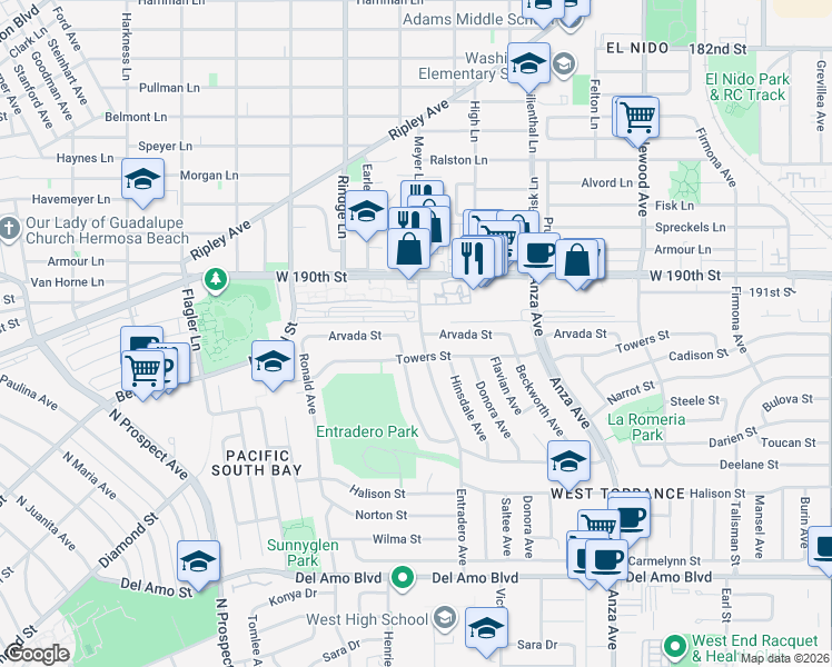 map of restaurants, bars, coffee shops, grocery stores, and more near 5321 Arvada Street in Torrance