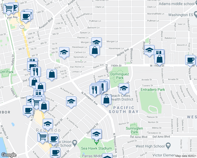 map of restaurants, bars, coffee shops, grocery stores, and more near 1310 Agate Street in Redondo Beach