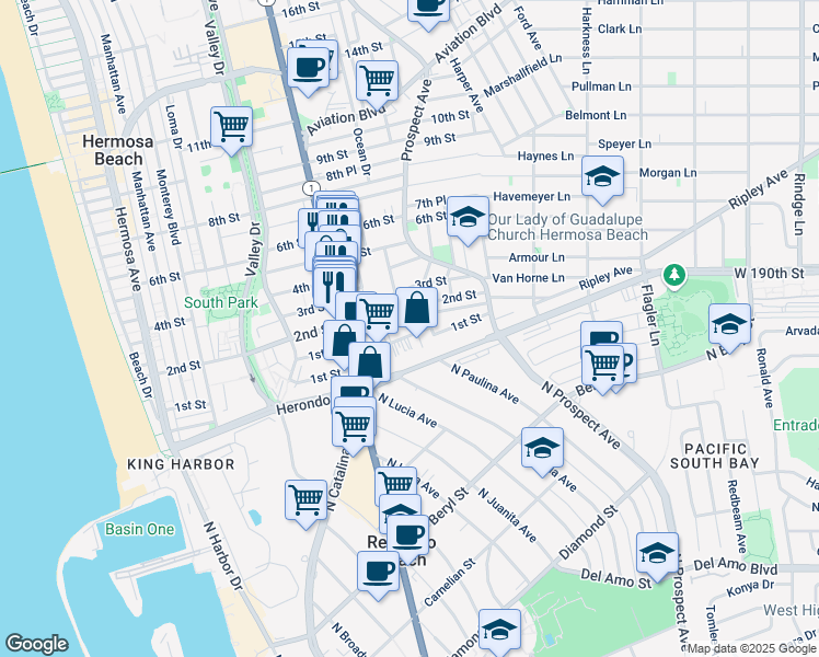 map of restaurants, bars, coffee shops, grocery stores, and more near 1003 1st Street in Hermosa Beach