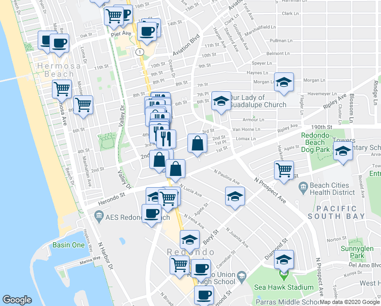 map of restaurants, bars, coffee shops, grocery stores, and more near 922 2nd Street in Hermosa Beach