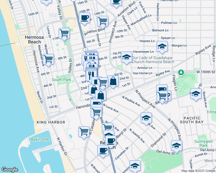 map of restaurants, bars, coffee shops, grocery stores, and more near 922 2nd Street in Hermosa Beach