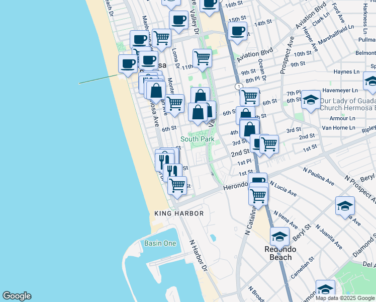 map of restaurants, bars, coffee shops, grocery stores, and more near 402 Monterey Boulevard in Hermosa Beach