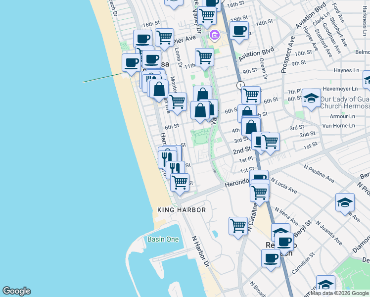 map of restaurants, bars, coffee shops, grocery stores, and more near 402 Monterey Boulevard in Hermosa Beach