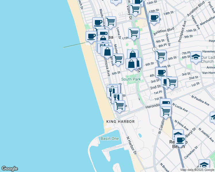 map of restaurants, bars, coffee shops, grocery stores, and more near 420 The Strand in Hermosa Beach