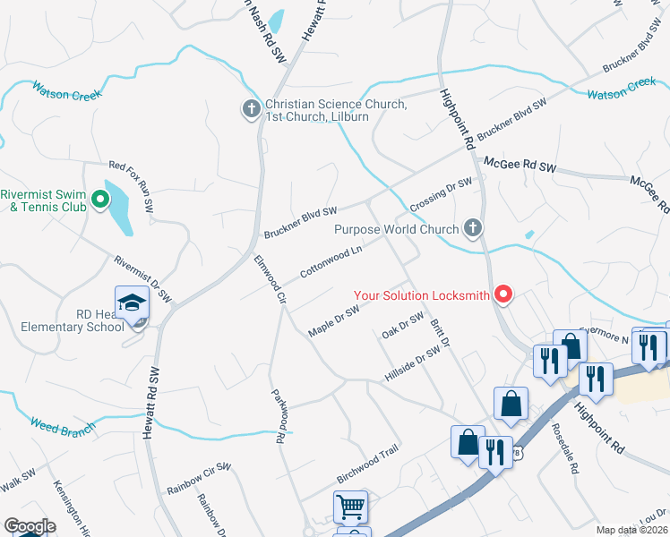 map of restaurants, bars, coffee shops, grocery stores, and more near 3362 Cottonwood Lane in Snellville