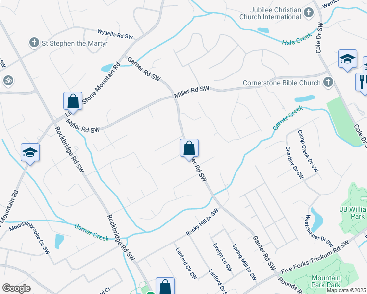 map of restaurants, bars, coffee shops, grocery stores, and more near 5167 Manitu Court Southwest in Lilburn