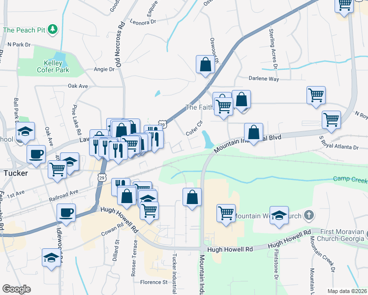 map of restaurants, bars, coffee shops, grocery stores, and more near 2477 Ivey Crest Circle in Tucker