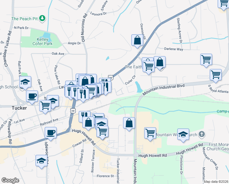 map of restaurants, bars, coffee shops, grocery stores, and more near 2403 Ivey Crest Circle in Tucker