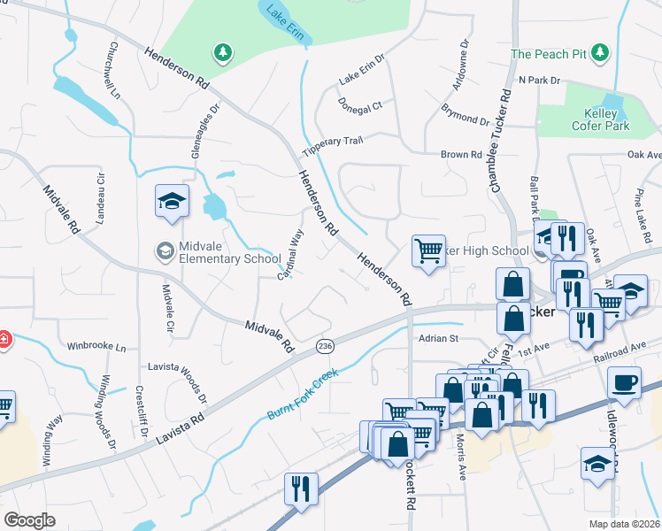 map of restaurants, bars, coffee shops, grocery stores, and more near 2432 Henderson Pines Court in Tucker