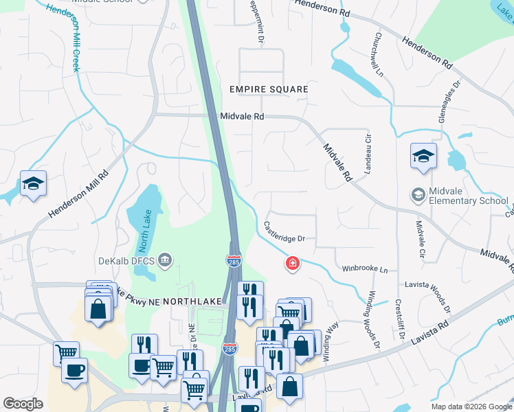 map of restaurants, bars, coffee shops, grocery stores, and more near 3479 Castleridge Drive in Tucker