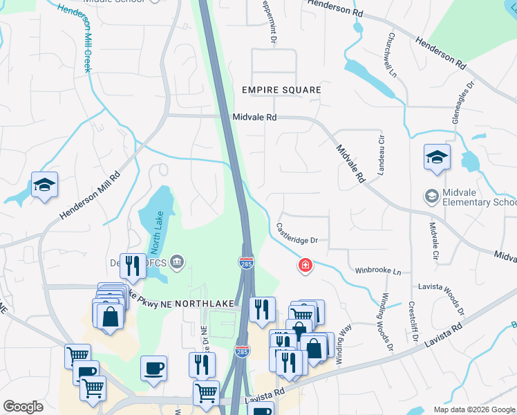 map of restaurants, bars, coffee shops, grocery stores, and more near 3490 Castlehill Court in Tucker