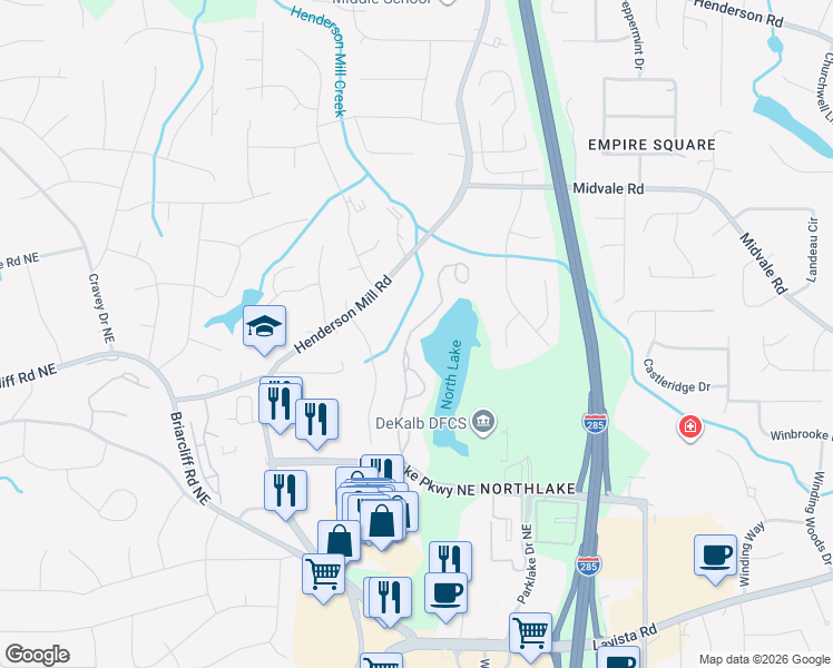 map of restaurants, bars, coffee shops, grocery stores, and more near 2439 Northlake Court Northeast in Atlanta