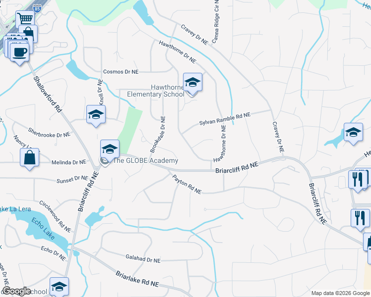 map of restaurants, bars, coffee shops, grocery stores, and more near 2824 Talisman Court Northeast in Atlanta