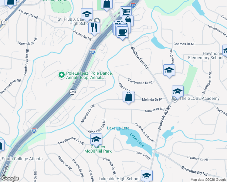 map of restaurants, bars, coffee shops, grocery stores, and more near 2424 Melinda Court Northeast in Atlanta