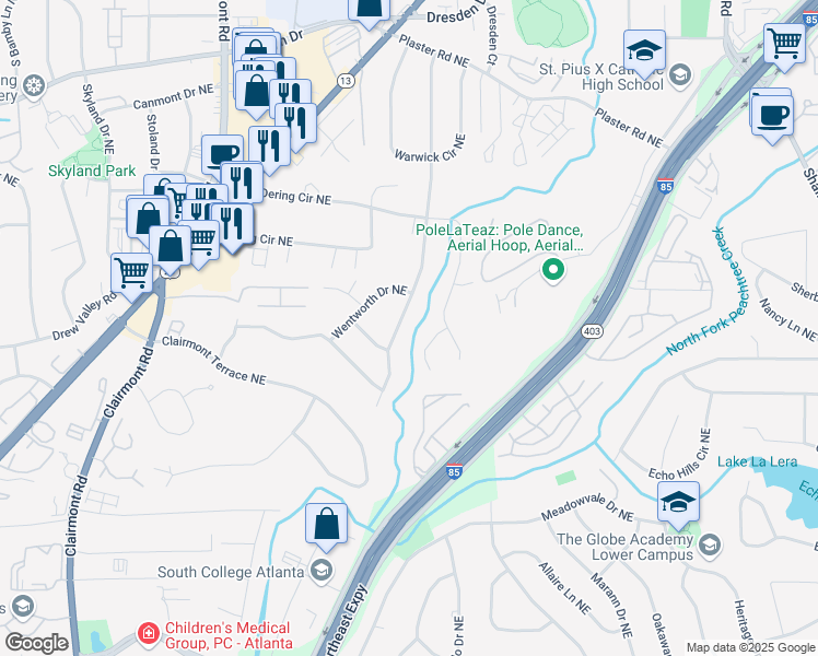 map of restaurants, bars, coffee shops, grocery stores, and more near 2426 Rhineland Court Northeast in Atlanta