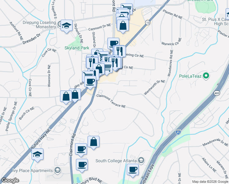 map of restaurants, bars, coffee shops, grocery stores, and more near 2426 Battle Drive Northeast in Atlanta