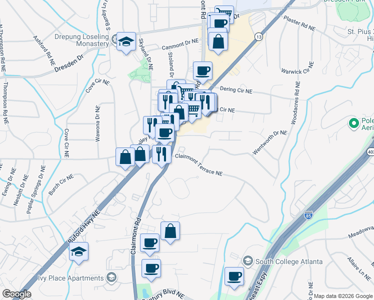 map of restaurants, bars, coffee shops, grocery stores, and more near 1886 Greystone Oaks Way in Atlanta