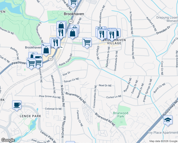 map of restaurants, bars, coffee shops, grocery stores, and more near 1408 Sylvan Circle Northeast in Atlanta