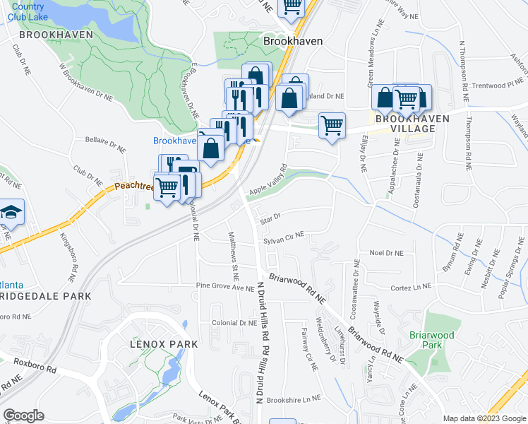 map of restaurants, bars, coffee shops, grocery stores, and more near 2593 Brookhaven Chase Lane Northeast in Atlanta